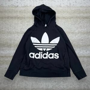 Vintage Y2K Adidas Hoodie Women S Jet Black Cotton Large White Trefoil Logo